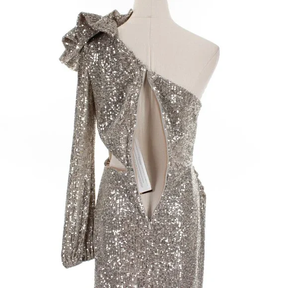 PatBo NWT One Shoulder Sequin Midi Dress Size 40 (US 8) in Silver